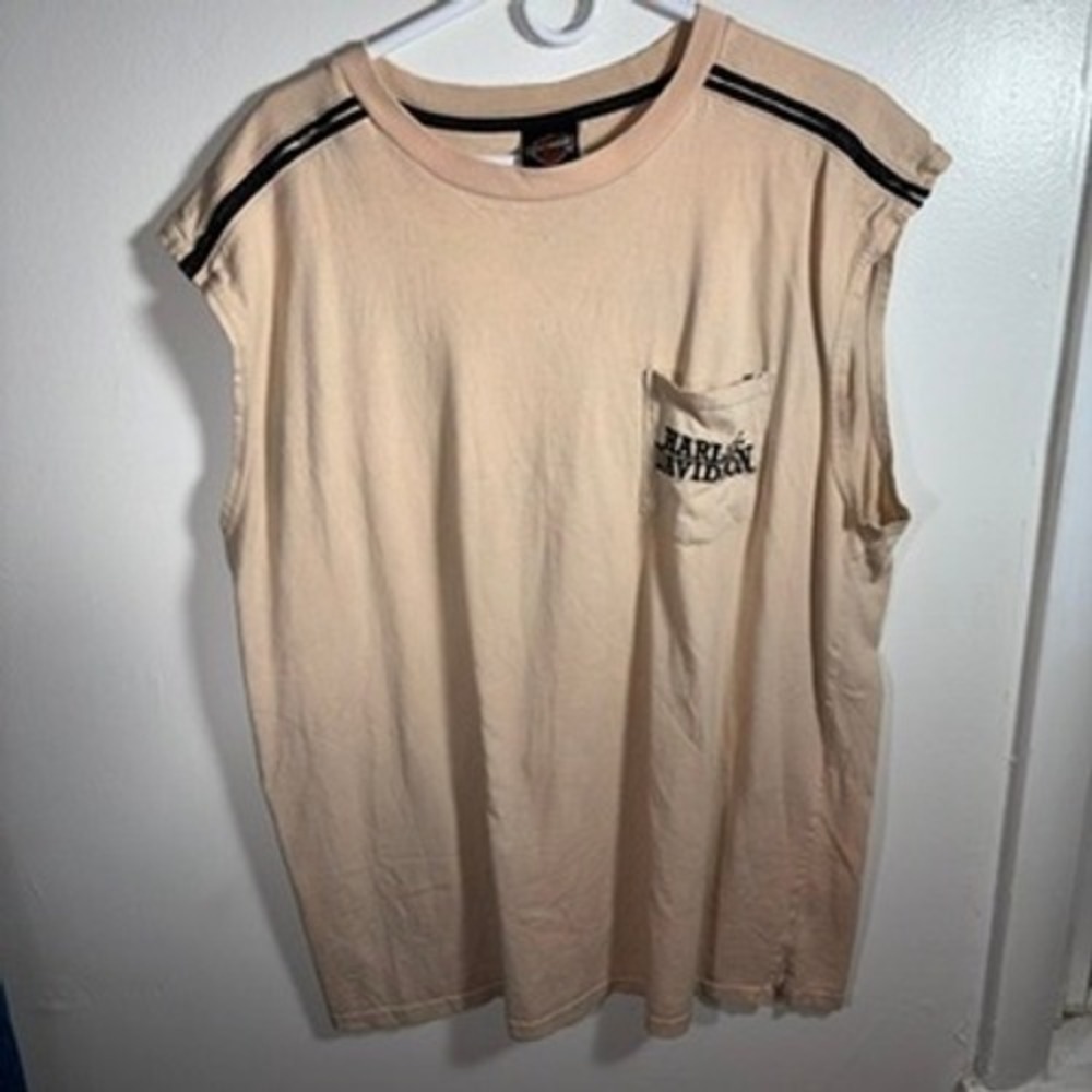 Harley Davidson Muscle Tank Top Mens Sz XL Tan Pocket Bikerโ Sleeveless
